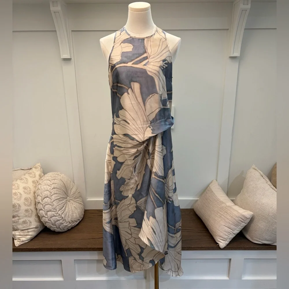 Reiss Satin Floral Drape Midi Dress in Blue & Cream Size 6 NWT - Picture 4 of 5